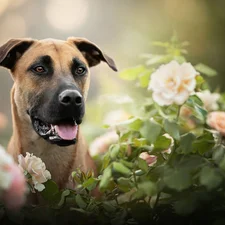 dog, Flowers, blur, Blackmouth Cur