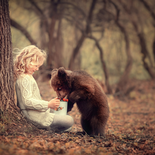 girl, trees, Fruits, little bear, mug, forest