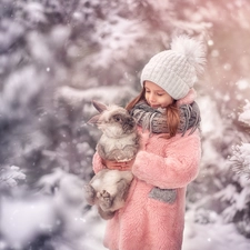 Kid, Rabbit, winter, girl