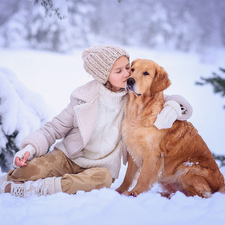 Golden Retriever, Snowy, winter, trees, snow, dog, girl, viewes