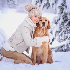 Golden Retriever, snow, viewes, winter, trees, dog, girl, Snowy