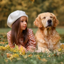 Meadow, autumn, dog, Golden Retriever, girl