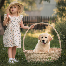 basket, girl, Puppy, Golden Retriever, dog, Hat