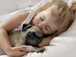 girl, Sleeping, pug, graphics, dog, Kid