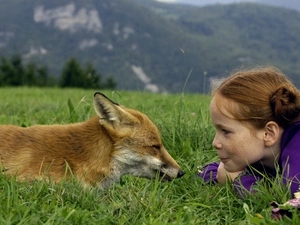 grass, girl, fox