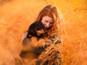 Rottweiler, grass, redhead, Puppy, Women