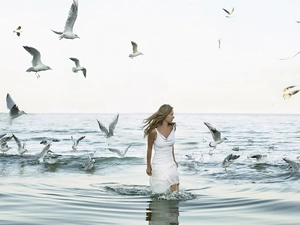 gulls, girl, sea