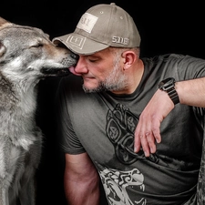 beard, a man, dog, Czechoslovakian Wolfdog, Watch, Hat