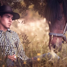 Horse, Meadow, boy, Hat, a man