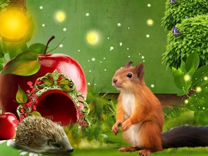 squirrel, Apple, graphics, hedgehog