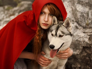 dog, Husky, red hot, cape, Women