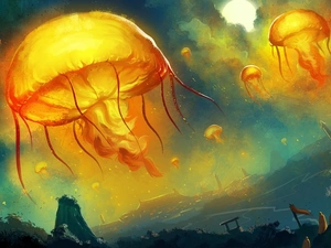 sea, Houses, jellyfish, Lanterns, China