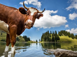 landscape, Cow, water