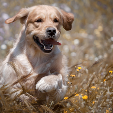 Puppy, Meadow, Flowers, Golden Retriever