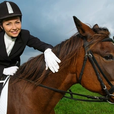 Meadow, forest, Jockey, Horse, girl