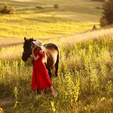 dress, Women, Horse, Meadow, Hat, red hot