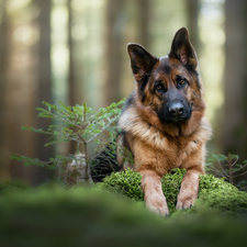 young, dog, cluster, moss, sapling, German Shepherd