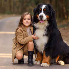 trees, viewes, Bernese Mountain Dog, Way, girl