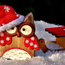 Hat, Wooden, sledge, owl, decoration, Nicholas, snow