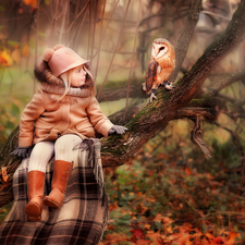 trees, coat, owl, Hat, girl, coverlet, Barn Owl