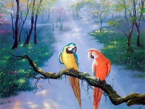 ara, painting, color, Parrots, Two