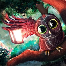 owl, lantern, Paintography, branch