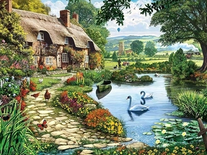 Pond - car, house, hens, Poster Image, Swan, Path