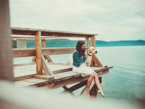 Platform, lake, girl, pier, Labrador Retriever
