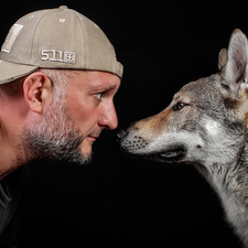 Hat, a man, beard, dog, Black, background, The look, profile, Czechoslovakian Wolfdog