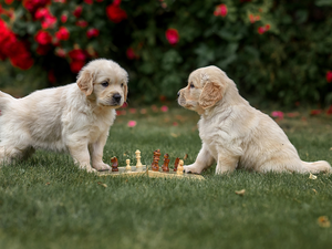 Dogs, Two cars, chess, grass, Golden Retrievery, puppies