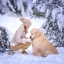 snow, trees, dog, viewes, winter, girl, Golden Retriever