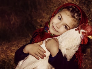 Bird, rooster, girl, Kid, Smile