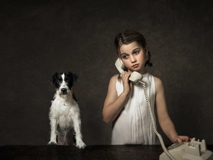girl, dog, Parson Russell Terrier, Telephone