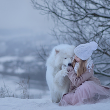 winter, girl, dog, Samojed, snow, Hat