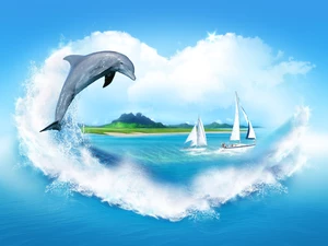 sea, dolphin, clouds