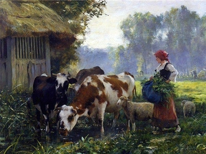 Cows, forest, Meadow, Sheep