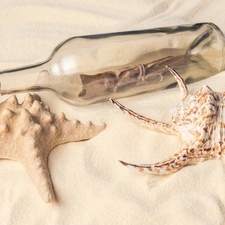 starfish, shell, Bottle, letter, Sand