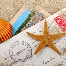 Postcards, starfish, Sand, shell