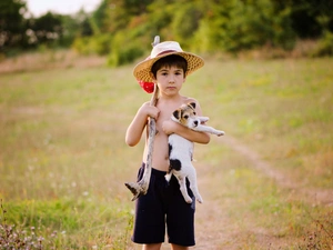 car in the meadow, forest, boy, puppie, small