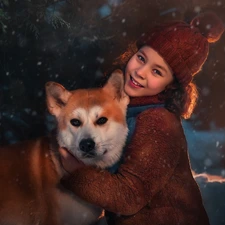 dog, Shiba inu, Smile, Hat, girl