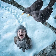 branch, birds, winter, snow, girl, knife