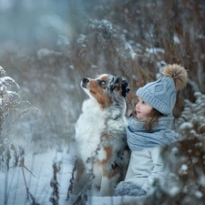 girl, Australian Shepherd, winter, Kid, dog, Plants, snow