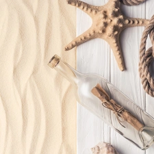 Bottle, boarding, summer, starfish, Sand, line, composition