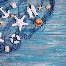 strings, Blue, net, Shells, boarding, composition, anchor, Blue, starfish
