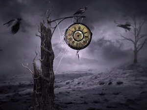 trees, Ravens, Clock