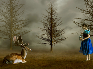 trees, viewes, lantern, deer, girl