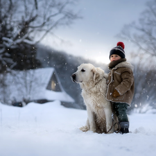 winter, Tatra Sheepdog, trees, Kid, dog, house, viewes