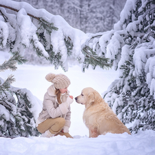 winter, dog, trees, Golden Retriever, girl, Snowy, viewes