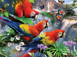 Mountains, waterfall, butterflies, Flowers, Ary