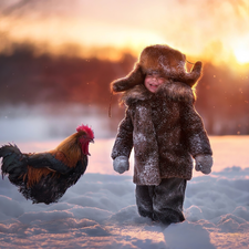 rooster, winter, boy, Kid, cheerful